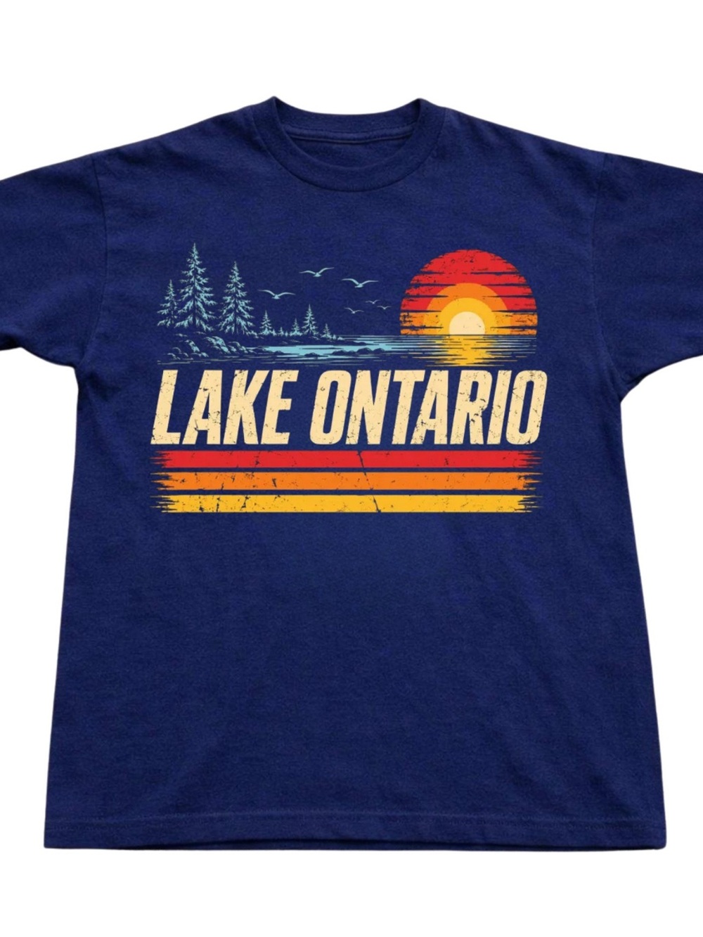 Navy Lake Ontario Graphic Tee with Sunset Print, Gift For Her, For Him